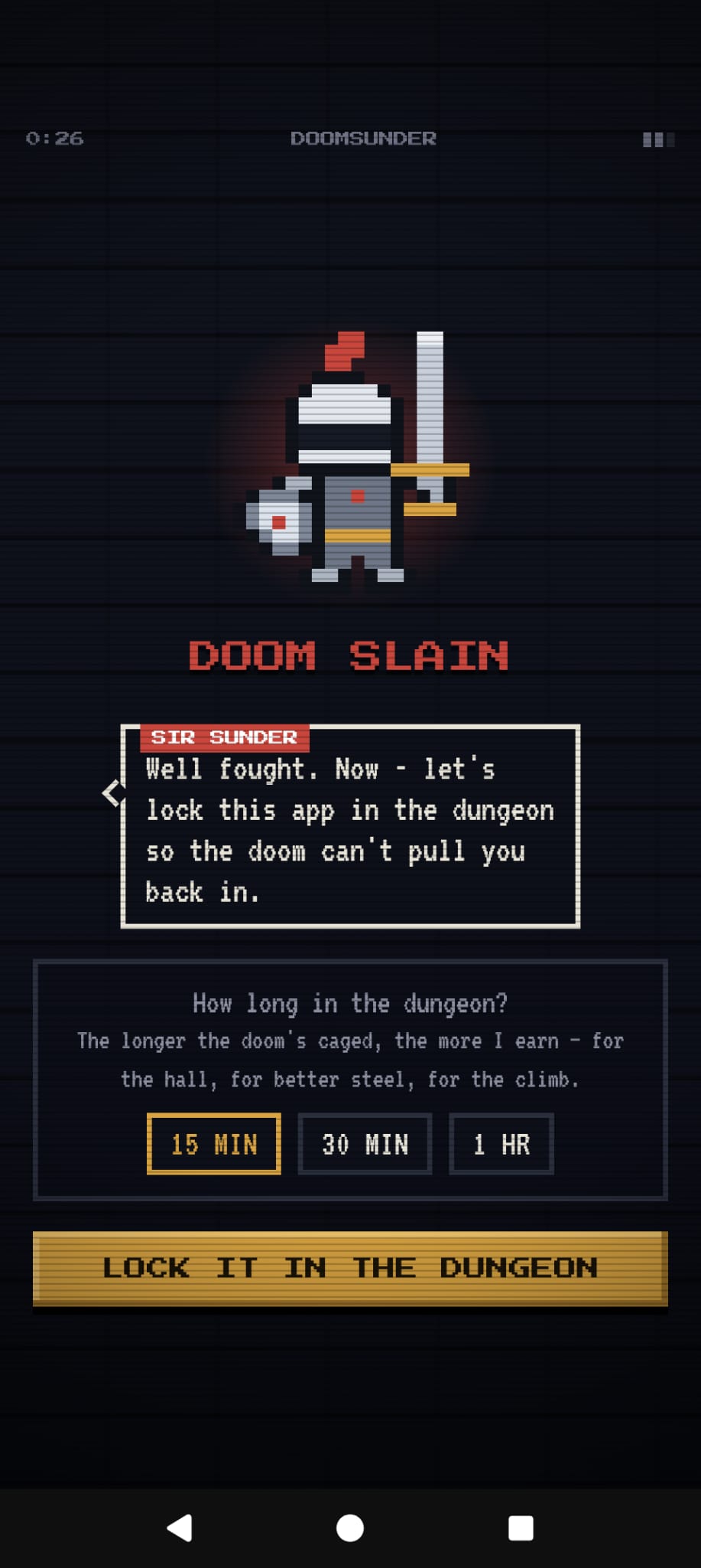 DoomSunder - Doom slain, choose how long to lock the app in the dungeon