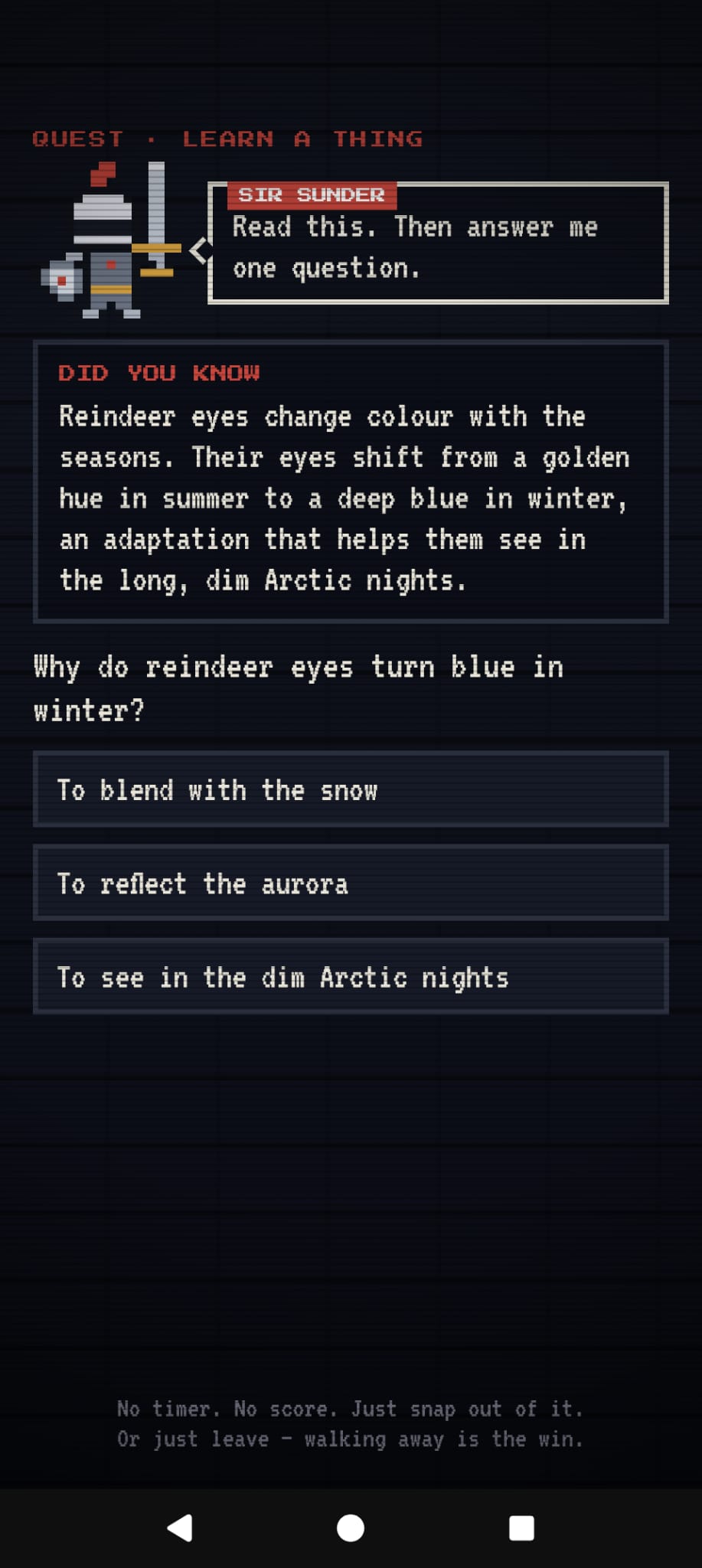 DoomSunder quest screen - learn a thing, then answer a question
